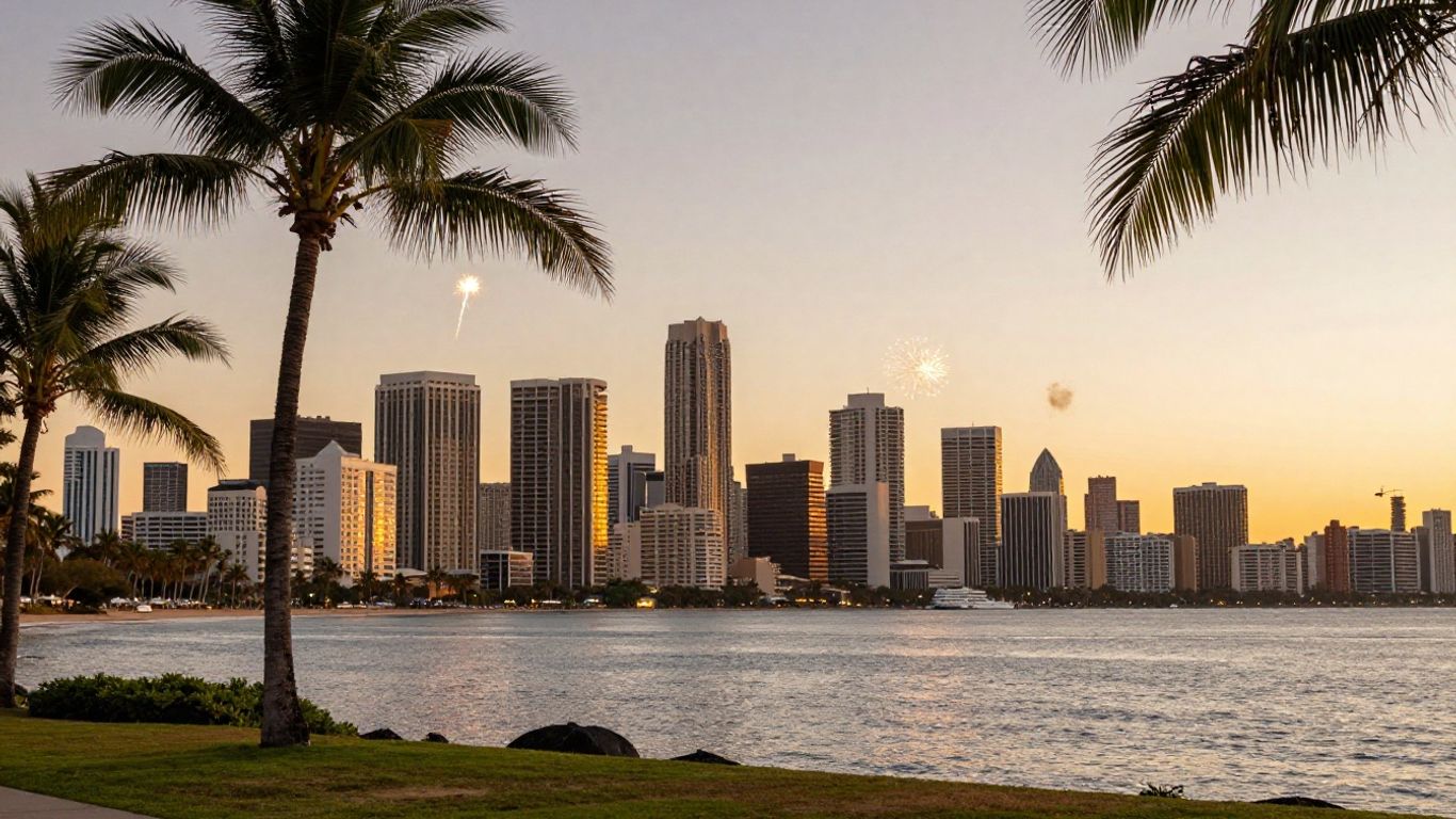 Gold Coast skyline with fireworks and palm trees.