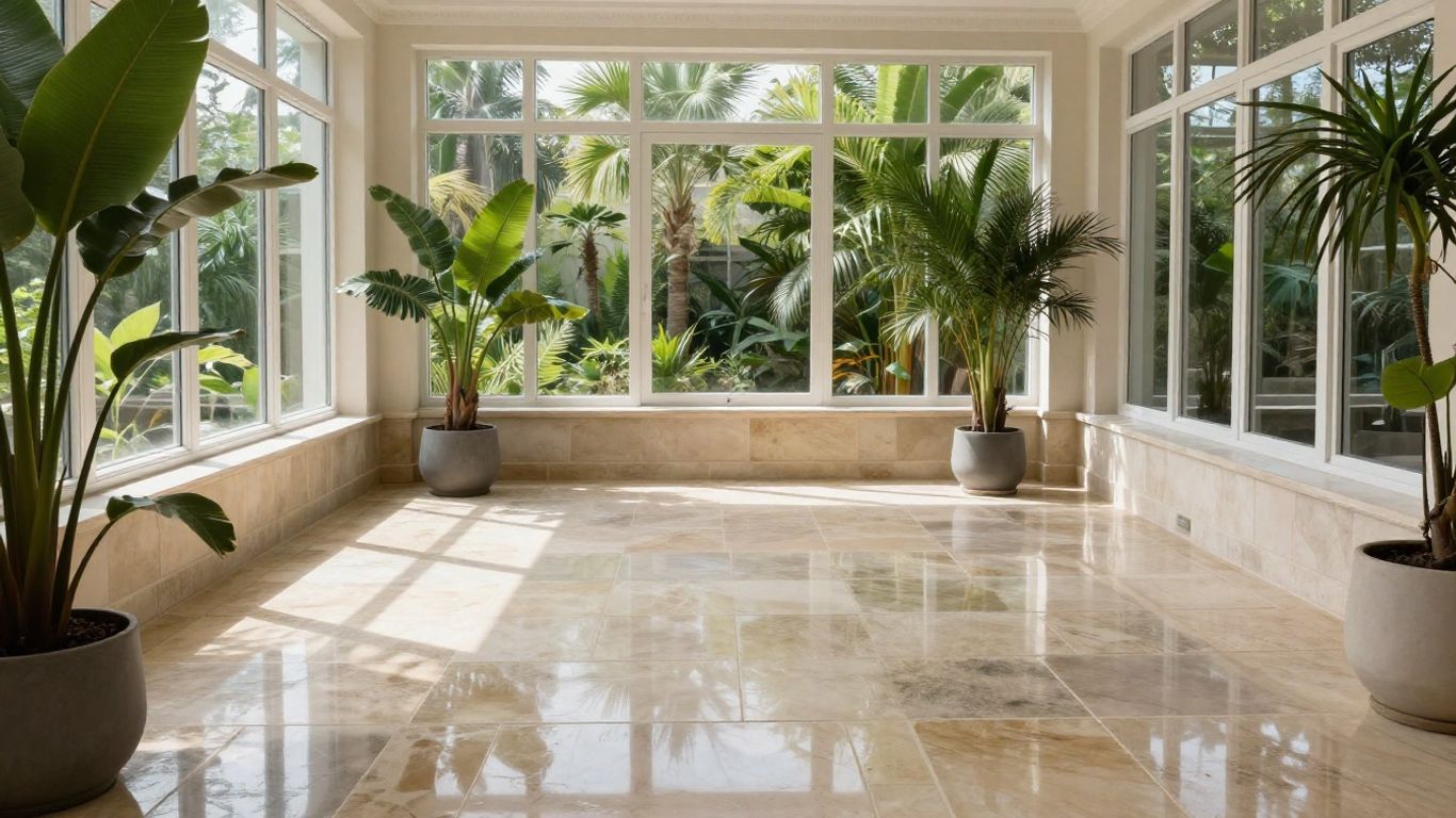 Natural stone flooring in a bright conservatory.