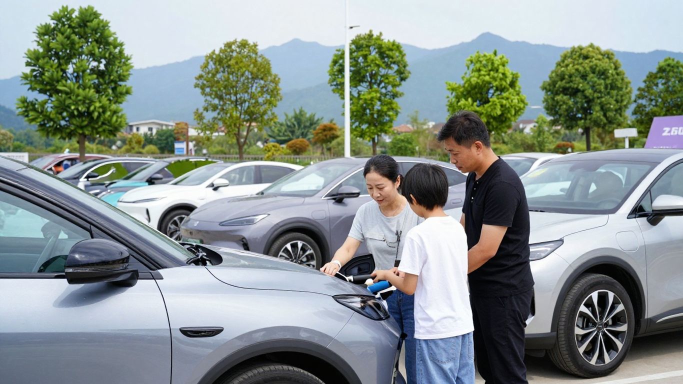 Family comparing sustainable vehicles at a modern dealership