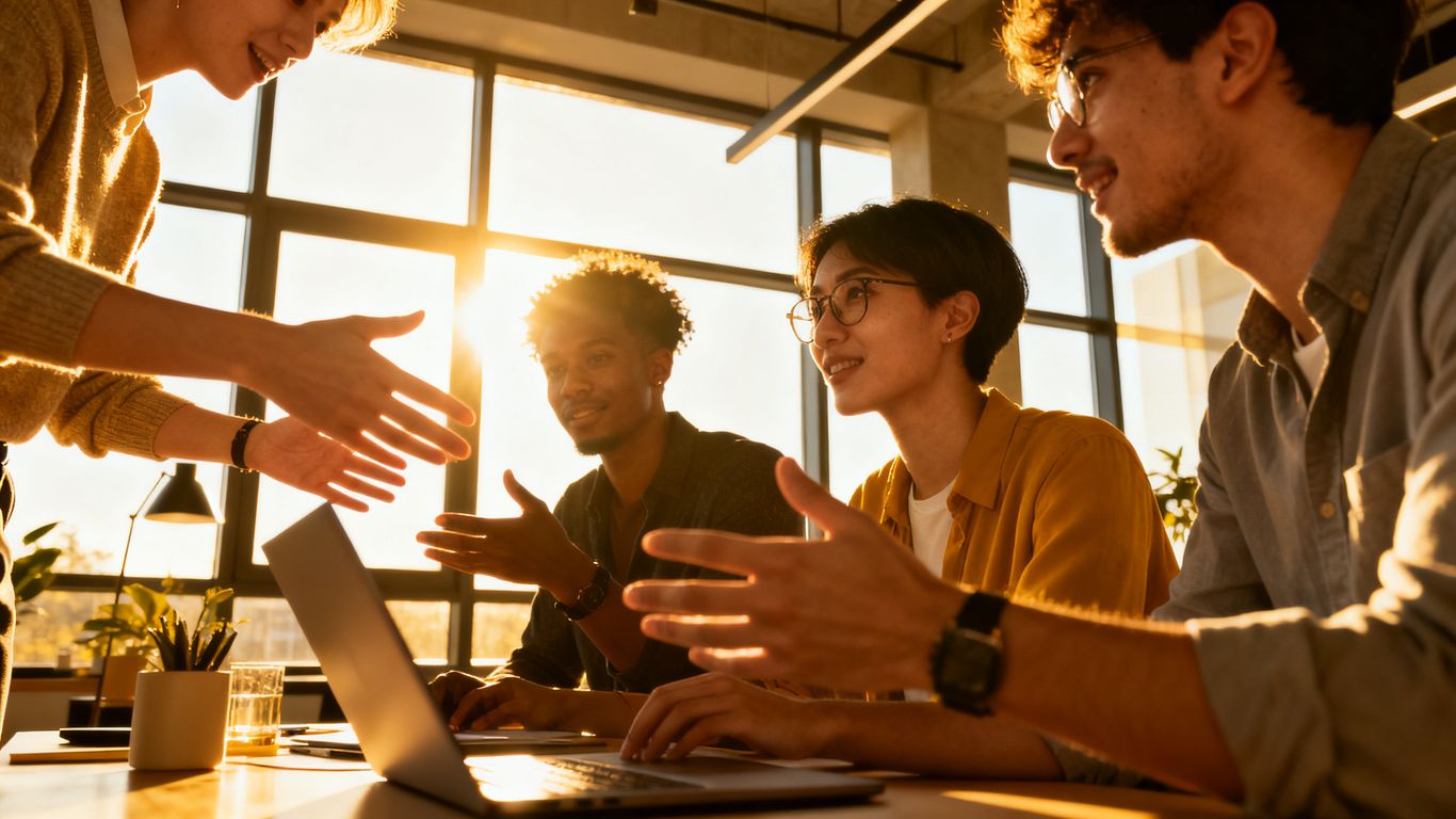 Professionals learning and collaborating in a modern workspace.