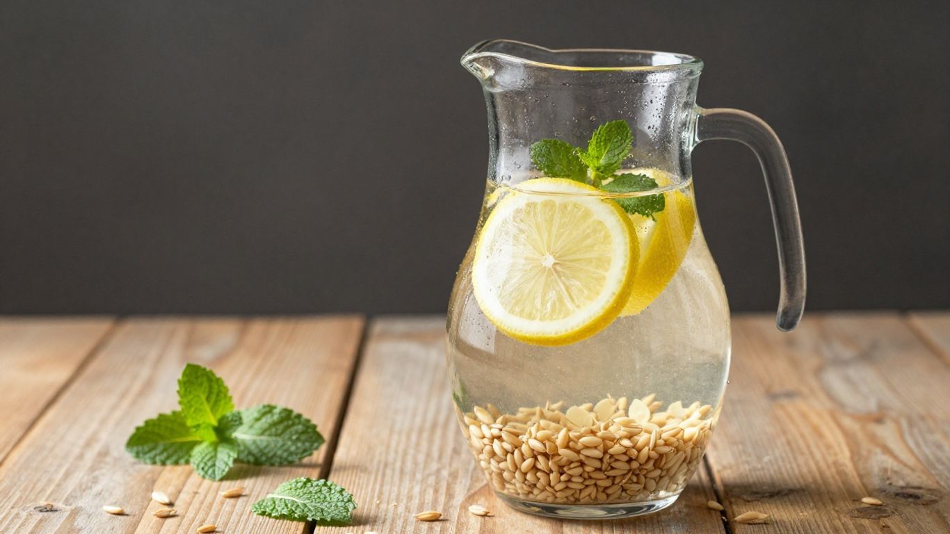 Glass pitcher of barley water with lemon and mint.