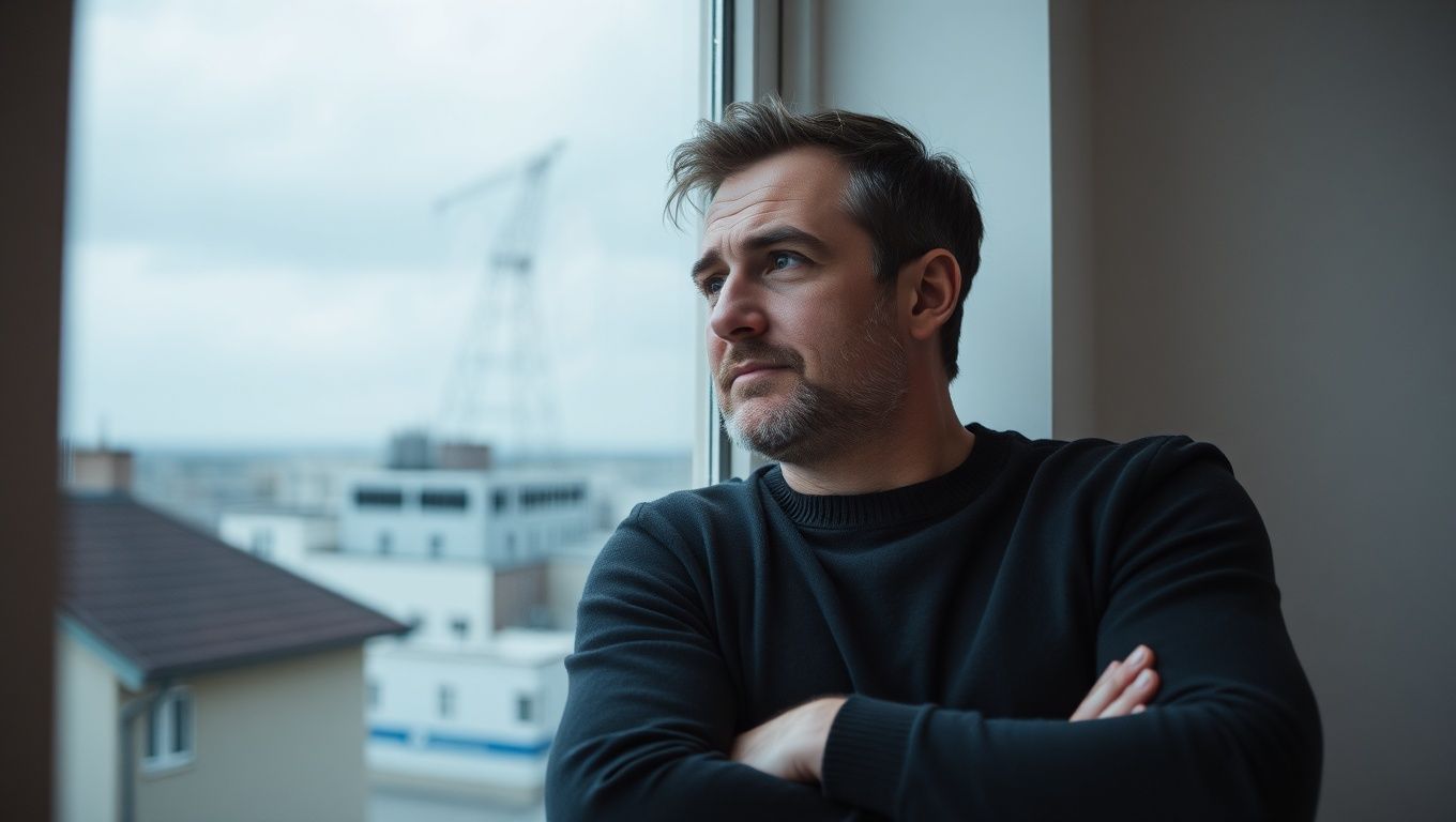 A man in his late 30s looking thoughtfully out a window, contemplating his well-being.