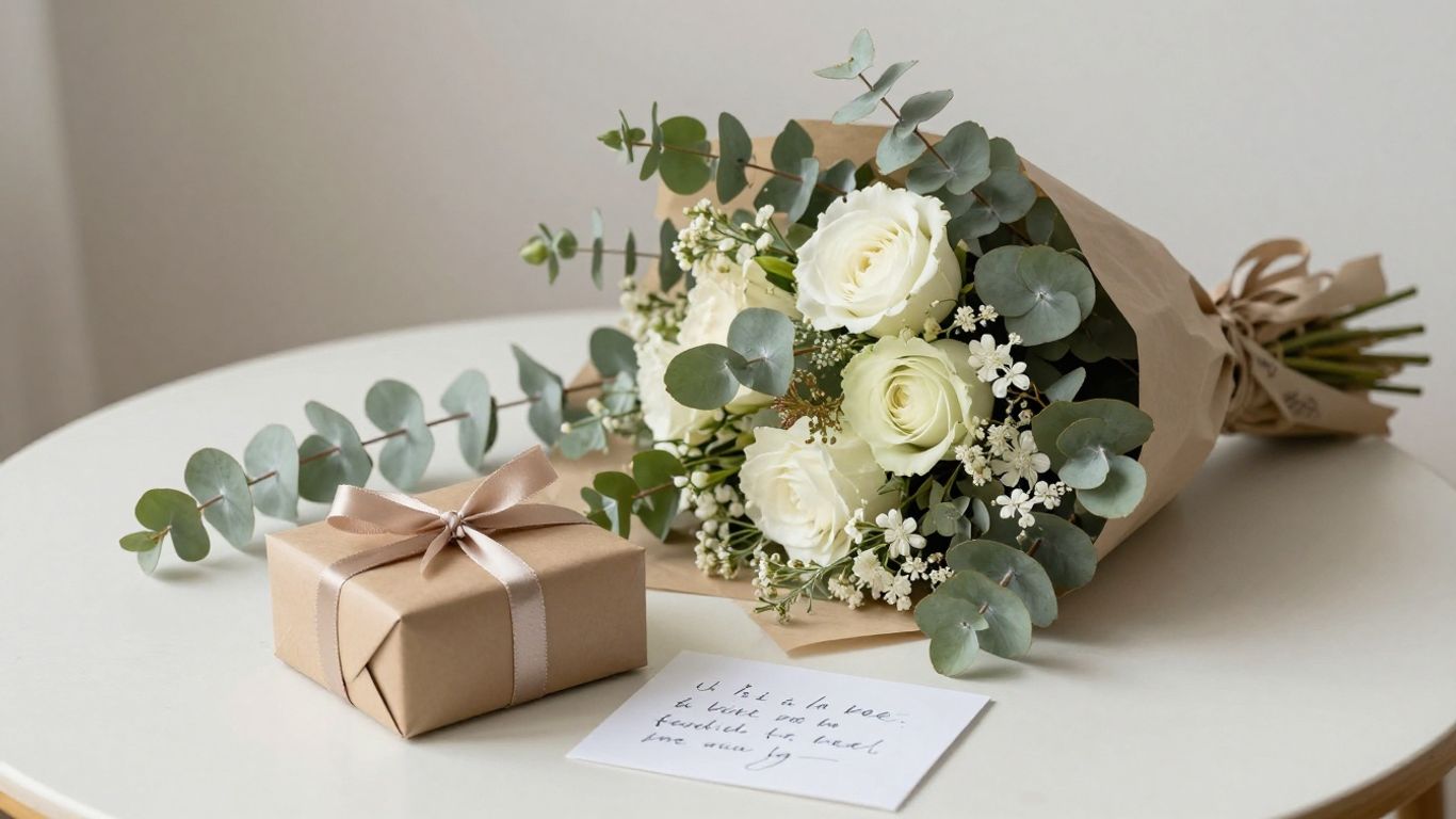 A thoughtfully wrapped bouquet beside a simple gift
