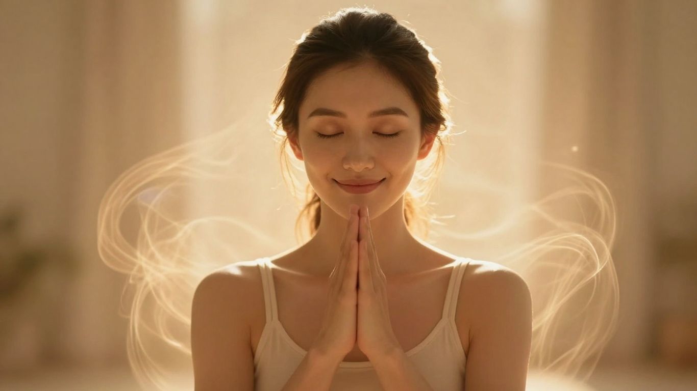 Person meditating with golden light and energy.