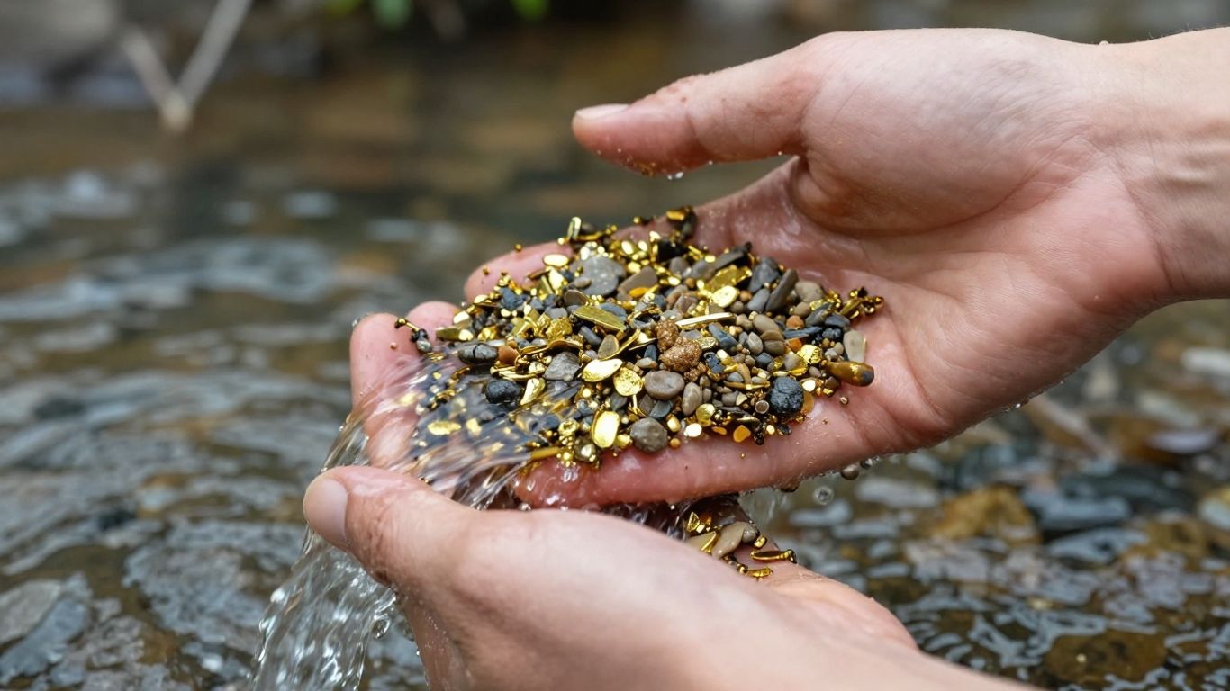 Mains tenant une batée pour chercher de l'or dans une rivière.