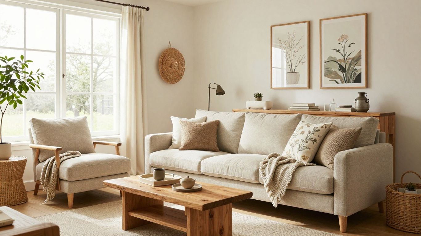 Modern cottage living room with natural light and cozy decor.