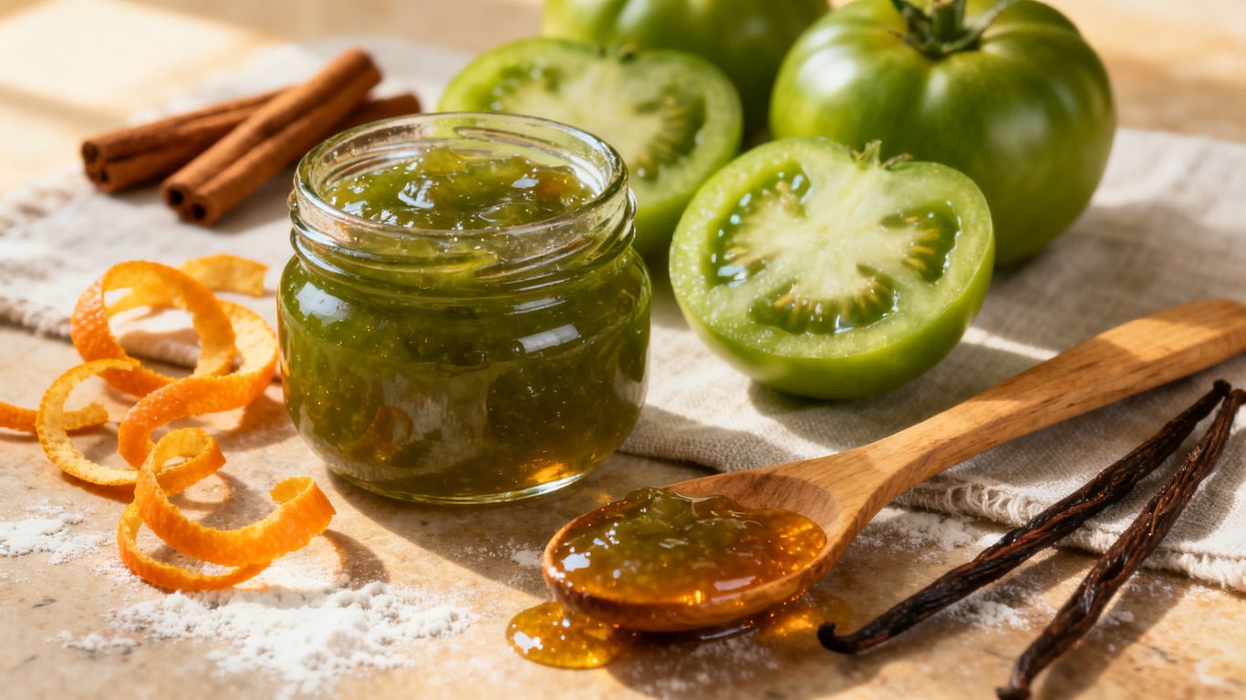 Süße Konfitüre aus grünen Tomaten und Zitrusfrüchten