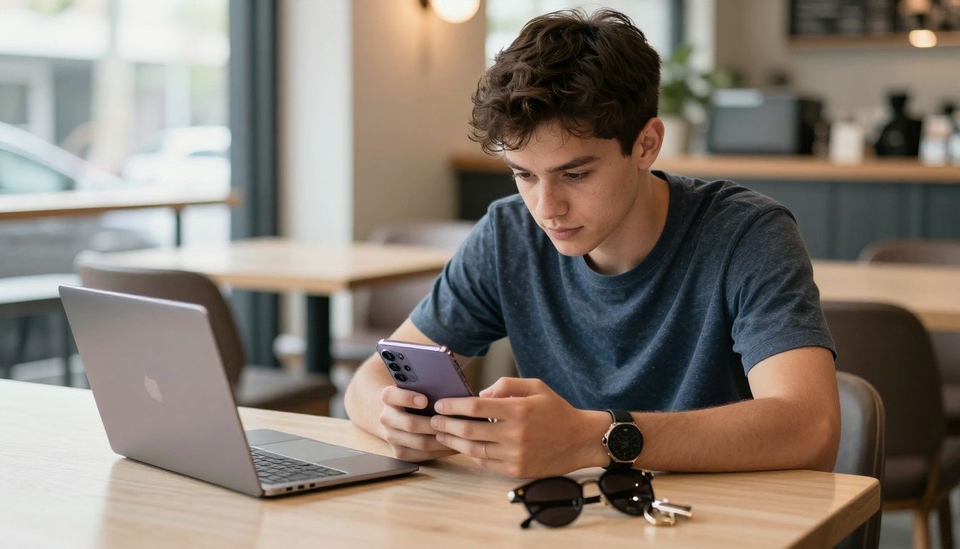 A young Australian sitting at a café using their Galaxy S25 FE placed securely on a table, surrounded by everyday items like sunglasses and keys