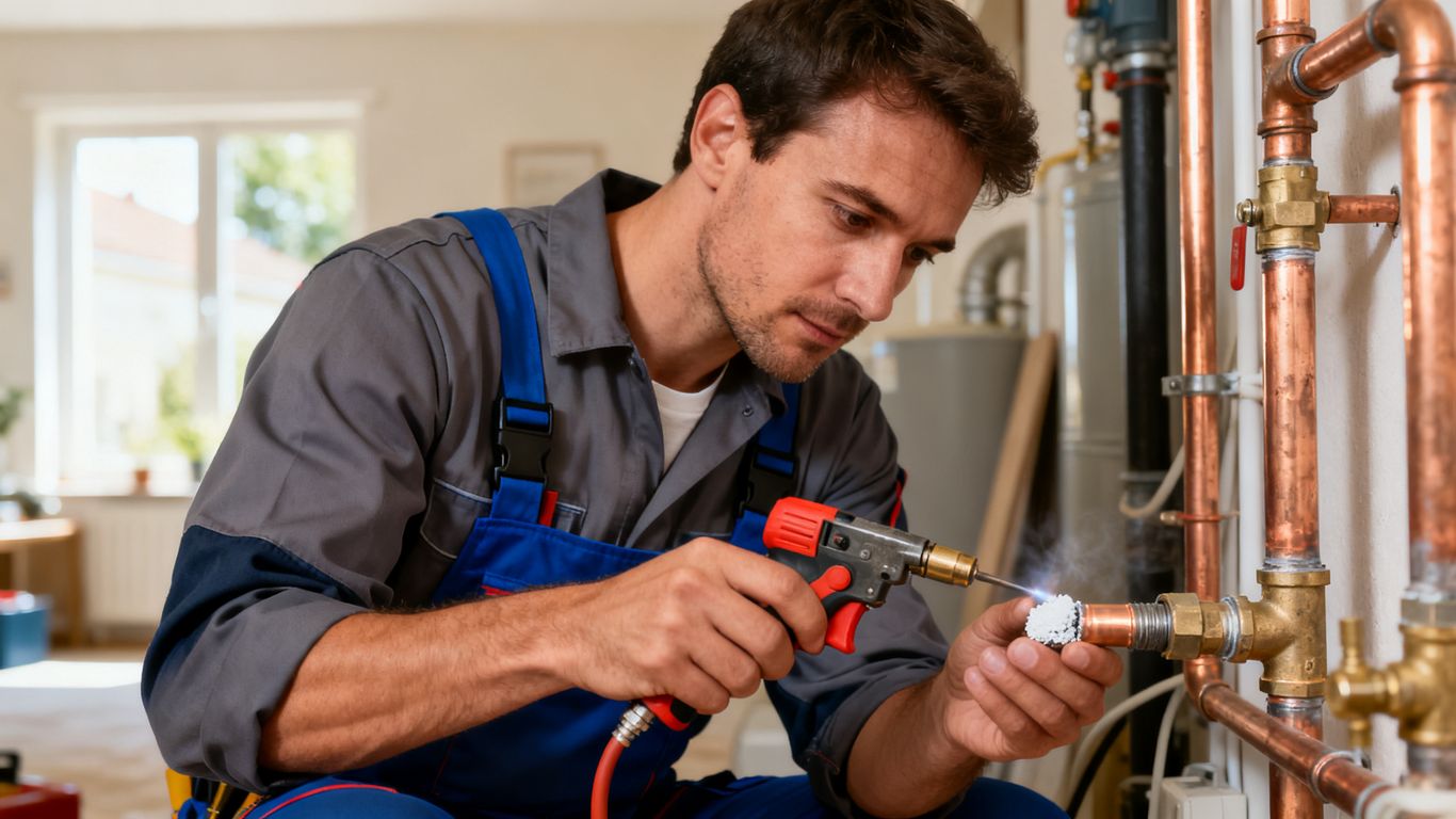 Professional plumber working on pipes
