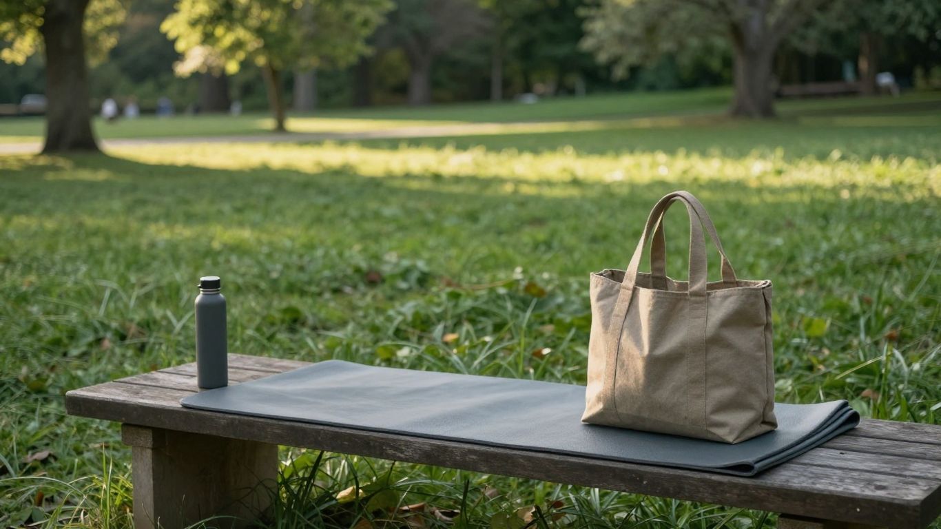 Folded yoga mat packed beside travel essentials