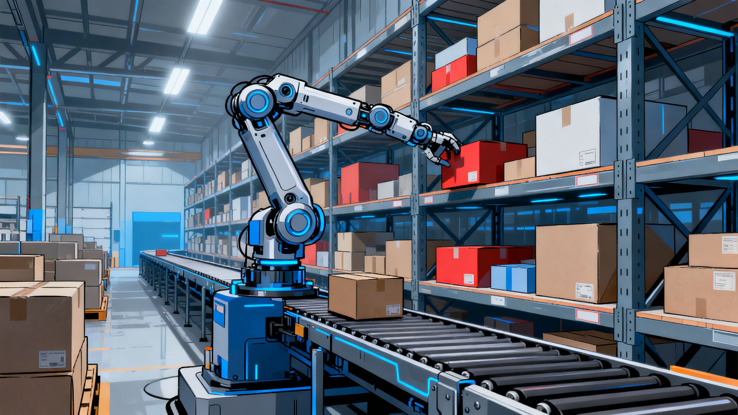An illustration of a robot arm organizing packages in a warehouse, symbolizing agentic AI in logistics