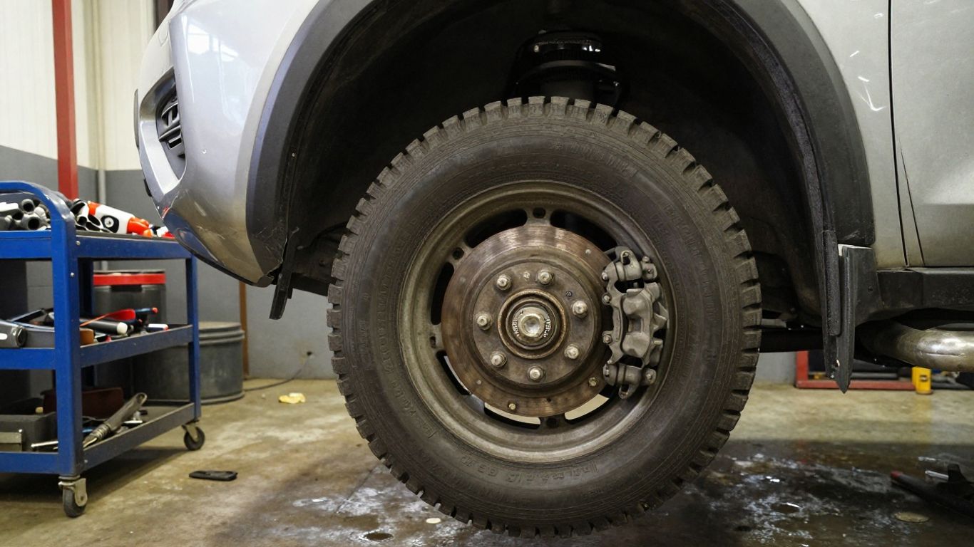 Mechanic inspecting SUV brake components