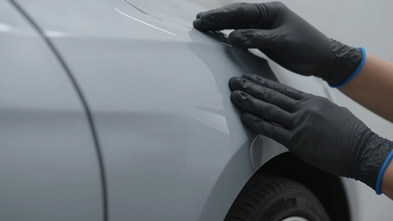 Auto-Schaden am Lack mit Prüferhänden