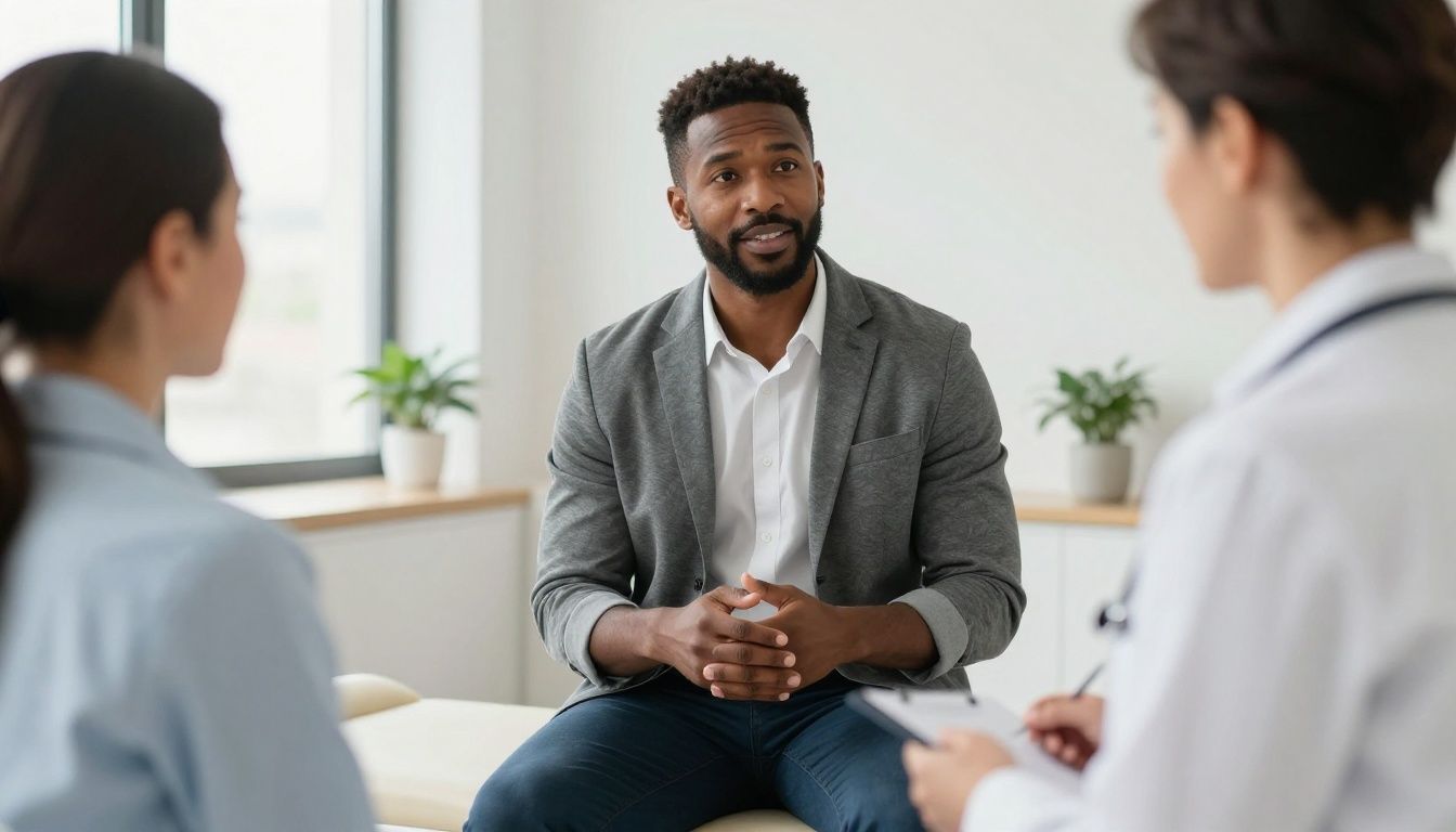 Realistic premium men’s health cover image showing a confident diverse man in his 40s speaking with a professional provider in an upscale modern clinic, with subtle medical and fitness elements, natural lighting, no text or logos
