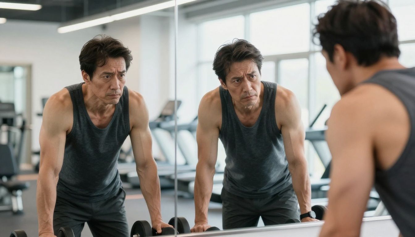 A thoughtful man in his 40s looking at his reflection in a gym mirror, appearing frustrated with his lack of progress despite working out.