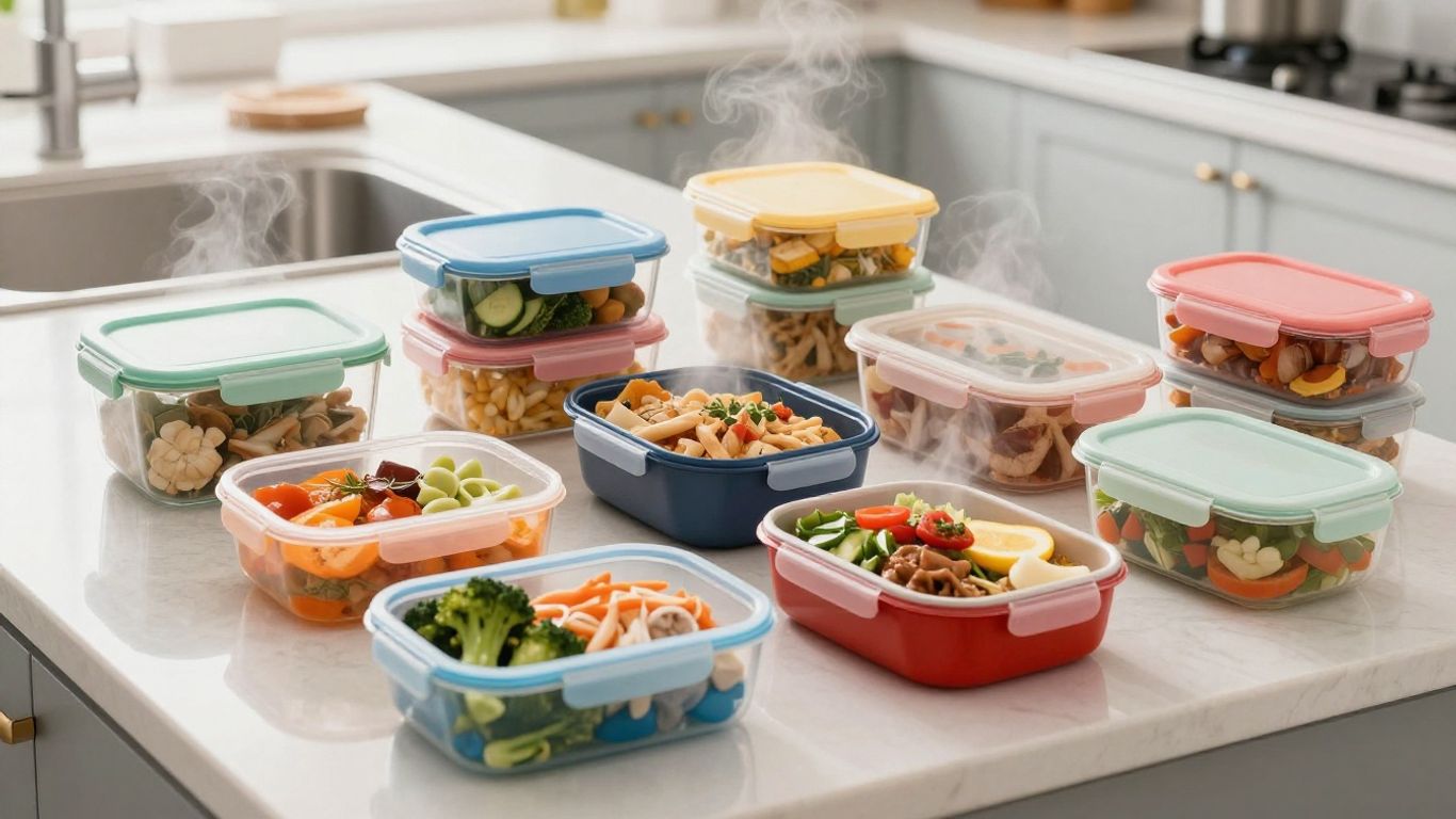 Colorful freezer meals in containers on a kitchen counter.