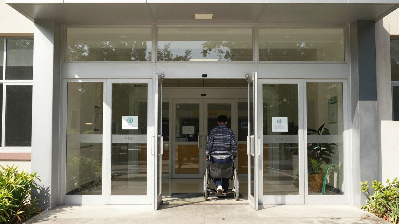Automatic school doors opening for accessibility.