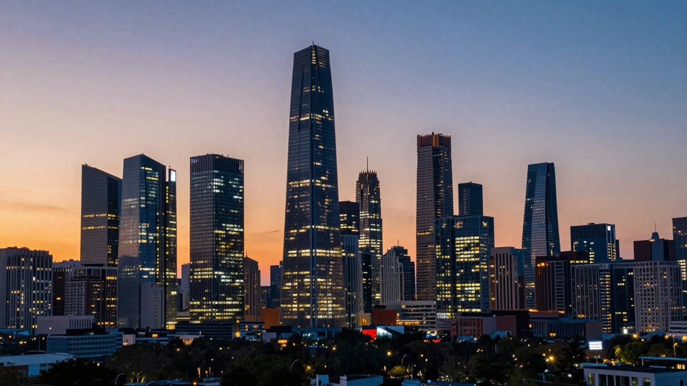 UK city skyline with illuminated skyscrapers at dusk.