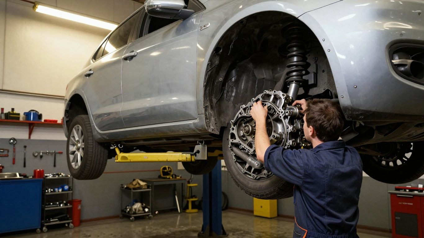 Technician inspecting replacement gearbox in workshop