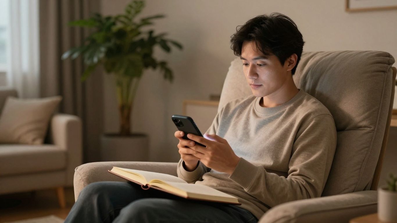 Person reflecting quietly with phone at home
