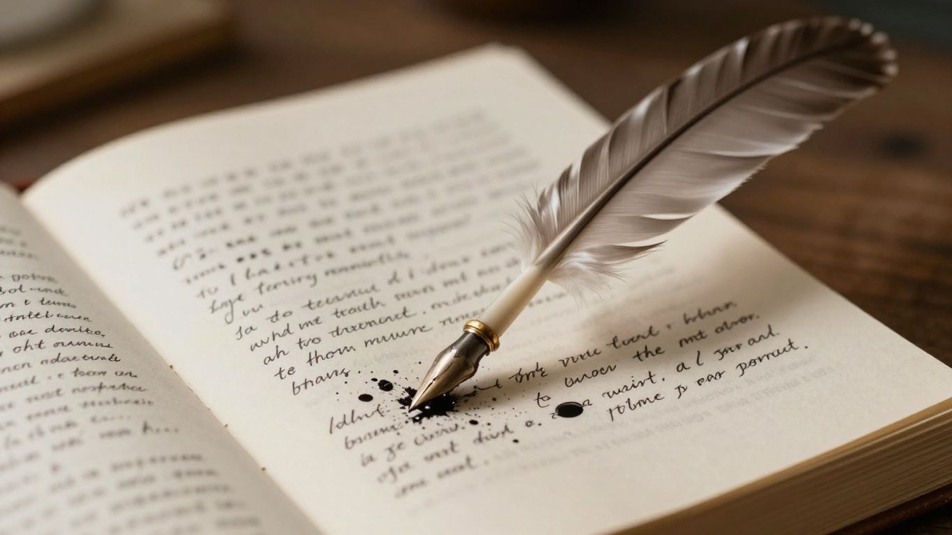 Open book with quill pen and ink.