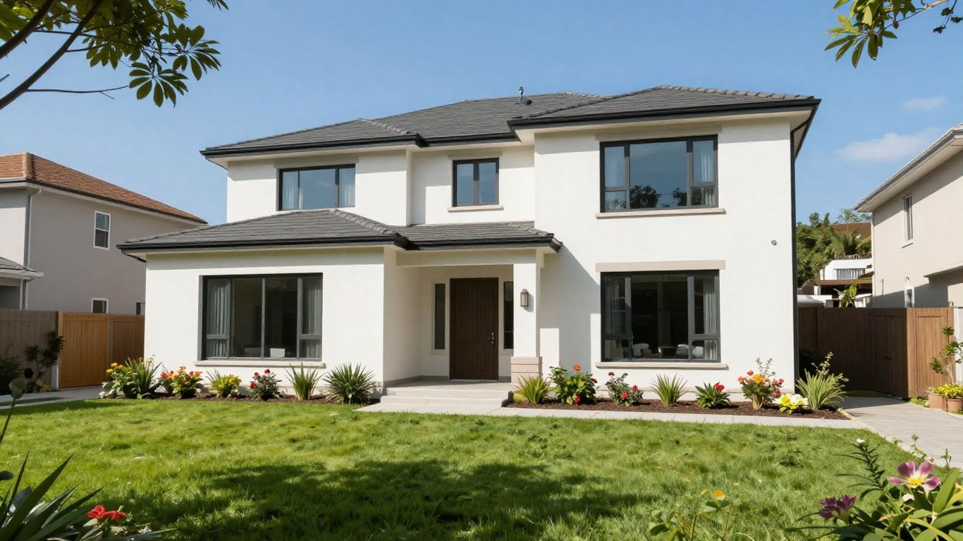 Casa moderna con césped verde y flores.