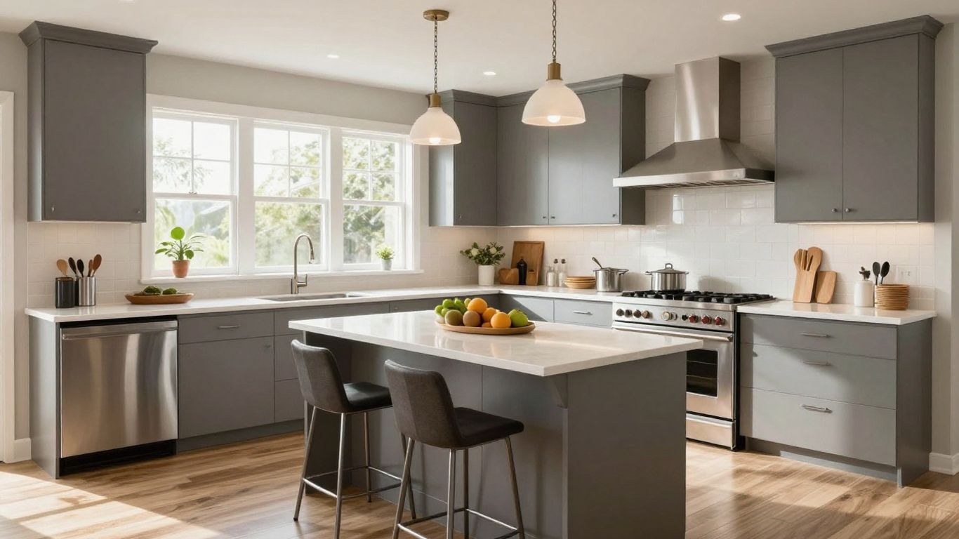 Modern kitchen remodel with island and stainless steel appliances.