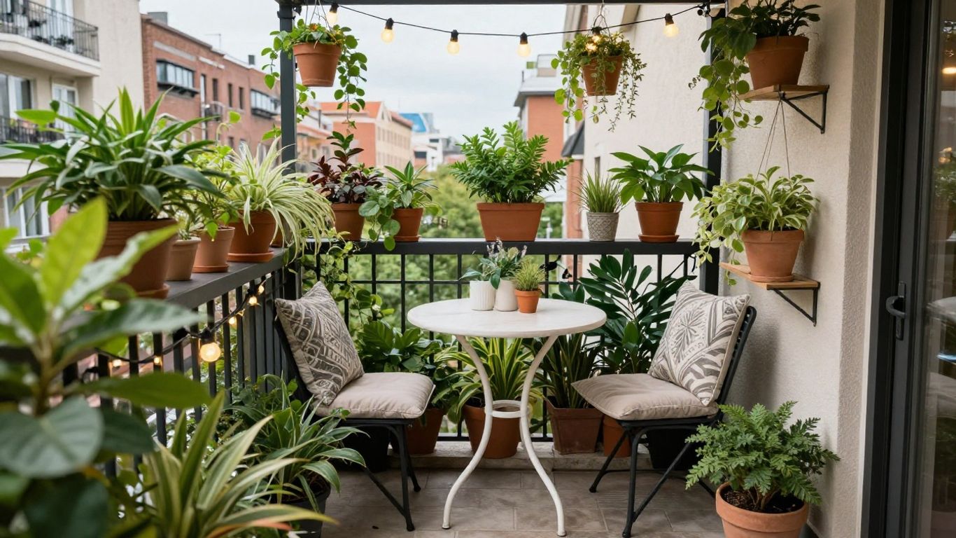 Stilvoll dekorierter Balkon mit Pflanzen und Lichterkette