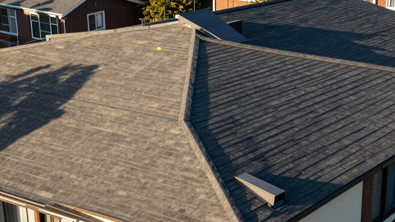 Satellite view of a house roof with measurements.