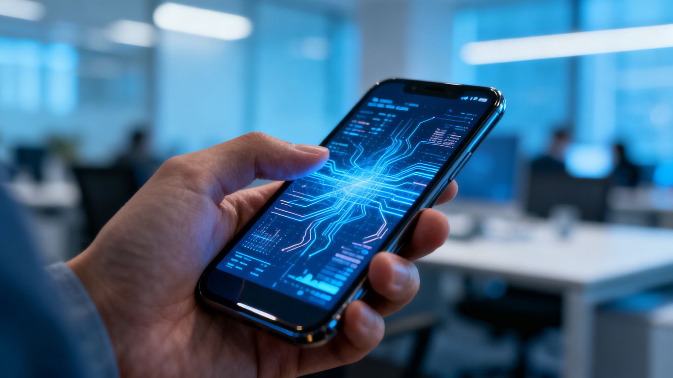 Hand holding smartphone with digital data patterns.
