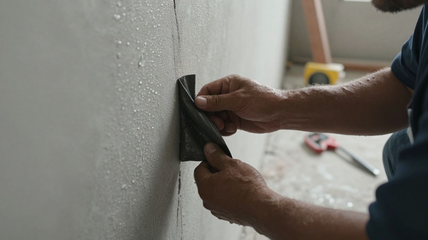 Builder applying waterproofing membrane to wall joint.