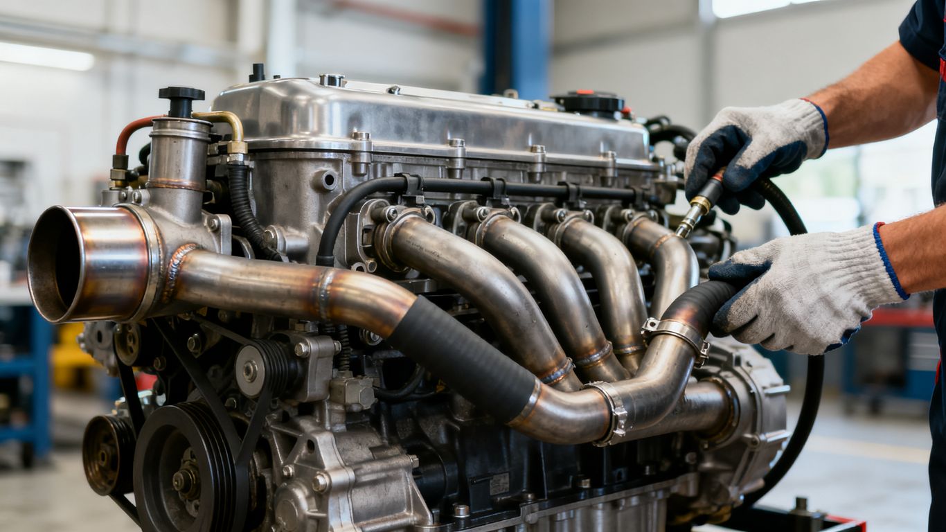Verschmutzter Dieselmotor in einer Werkstatt