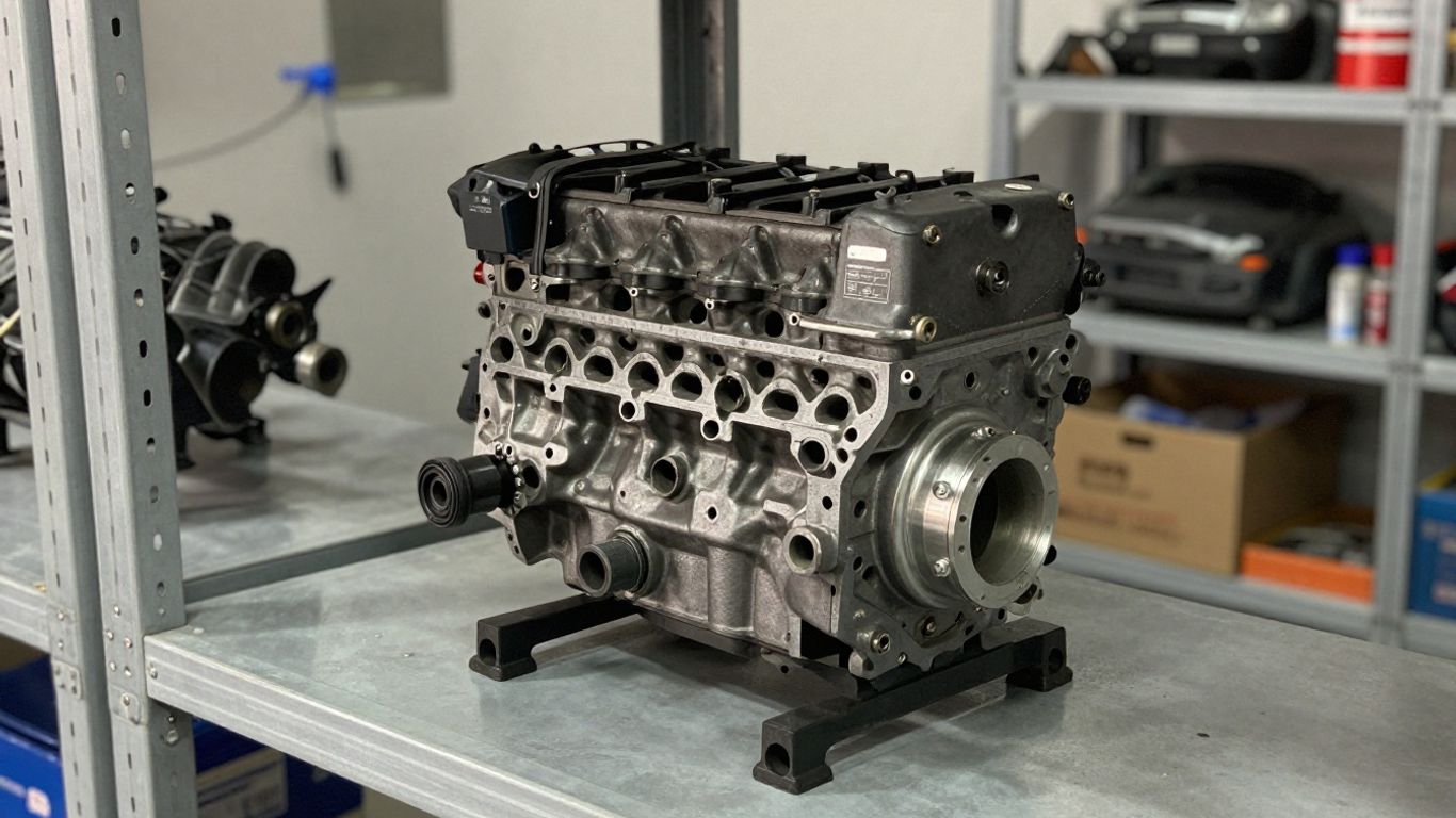 A clean salvaged Mini Cooper engine block on display