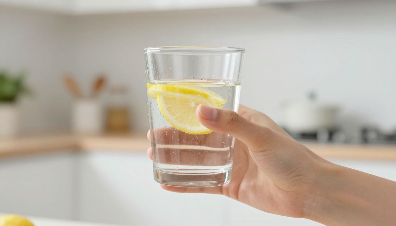 A close-up shot of a person's hand holding a clear glass of water with a lemon slice and condensation, set against a softly blurred background of a bright, modern kitchen.