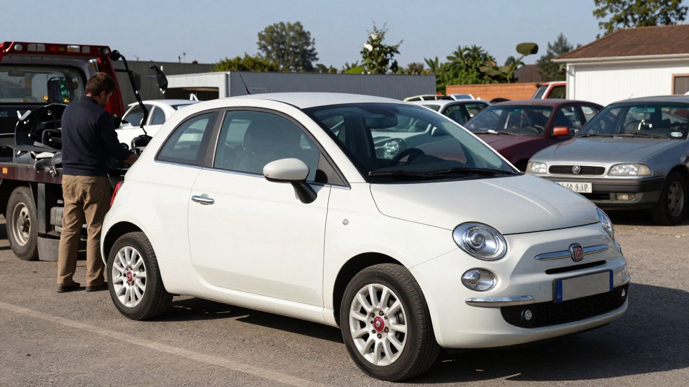 Fiat car at a wrecking yard for trade-in.
