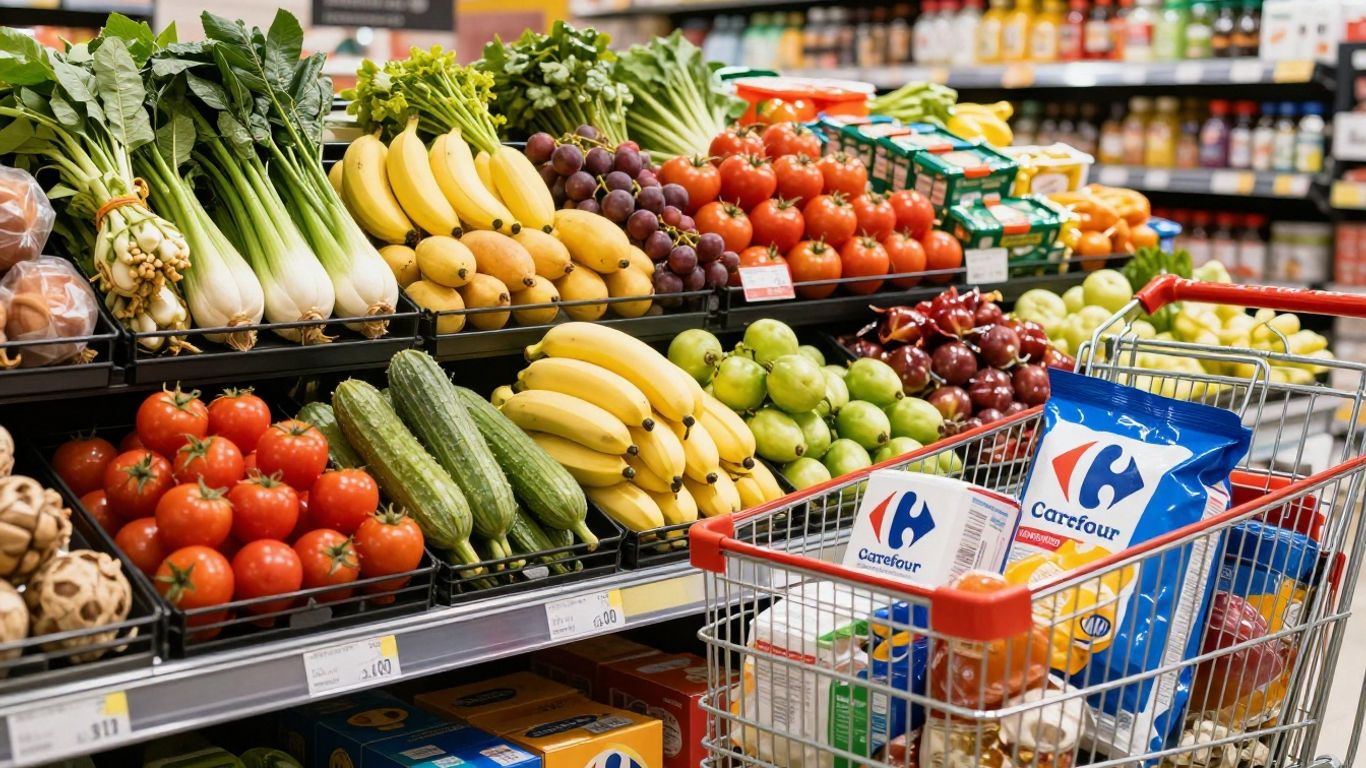 Carrefour-producten en winkelwagen met besparingen