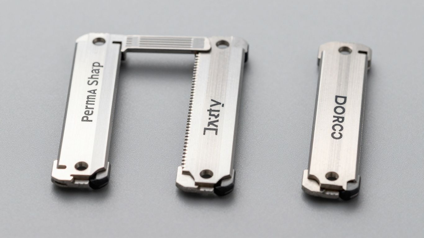 Three single edge razor blades: Perma Sharp, Derby, Dorco.