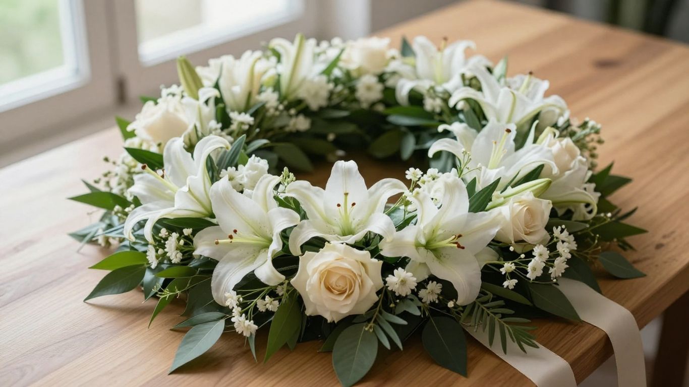 White and pastel funeral wreath flowers