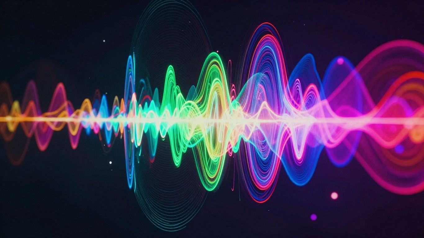 Abstract audio-reactive visuals with pulsing colors and light trails.