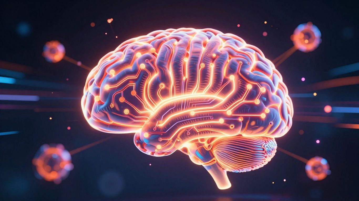 Glowing AI brain with digital pathways
