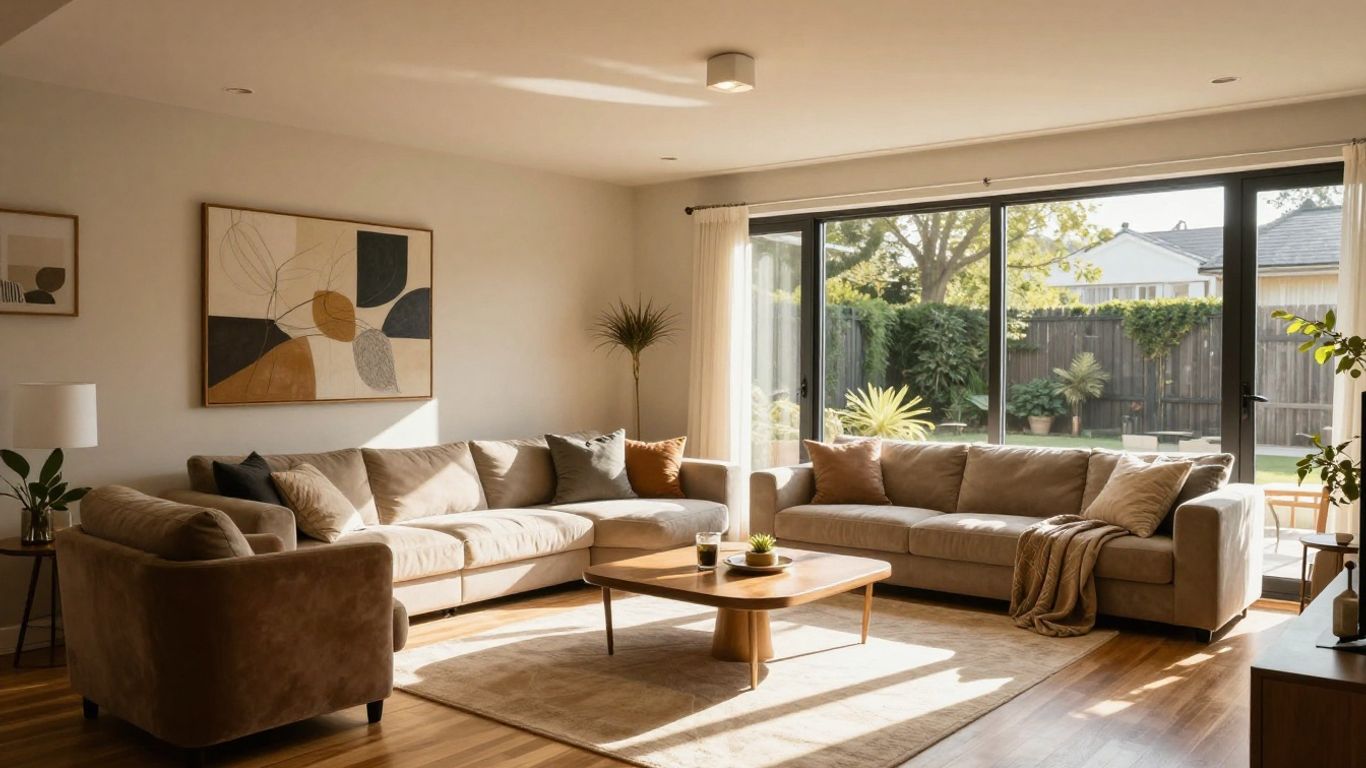 Finished basement living area with modern furniture and warm lighting.