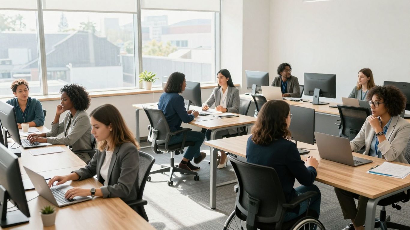 People with disabilities working in a modern office environment.