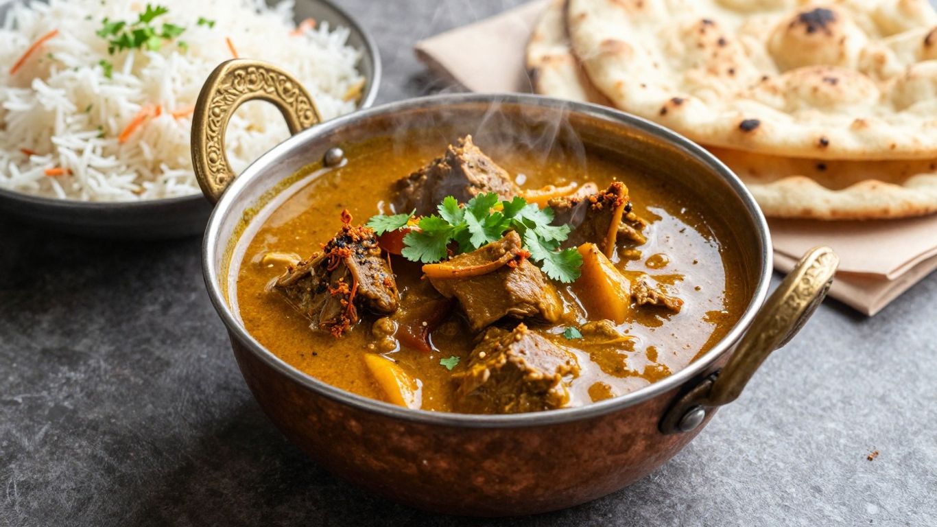 Rich Indian mutton curry with rice and naan.