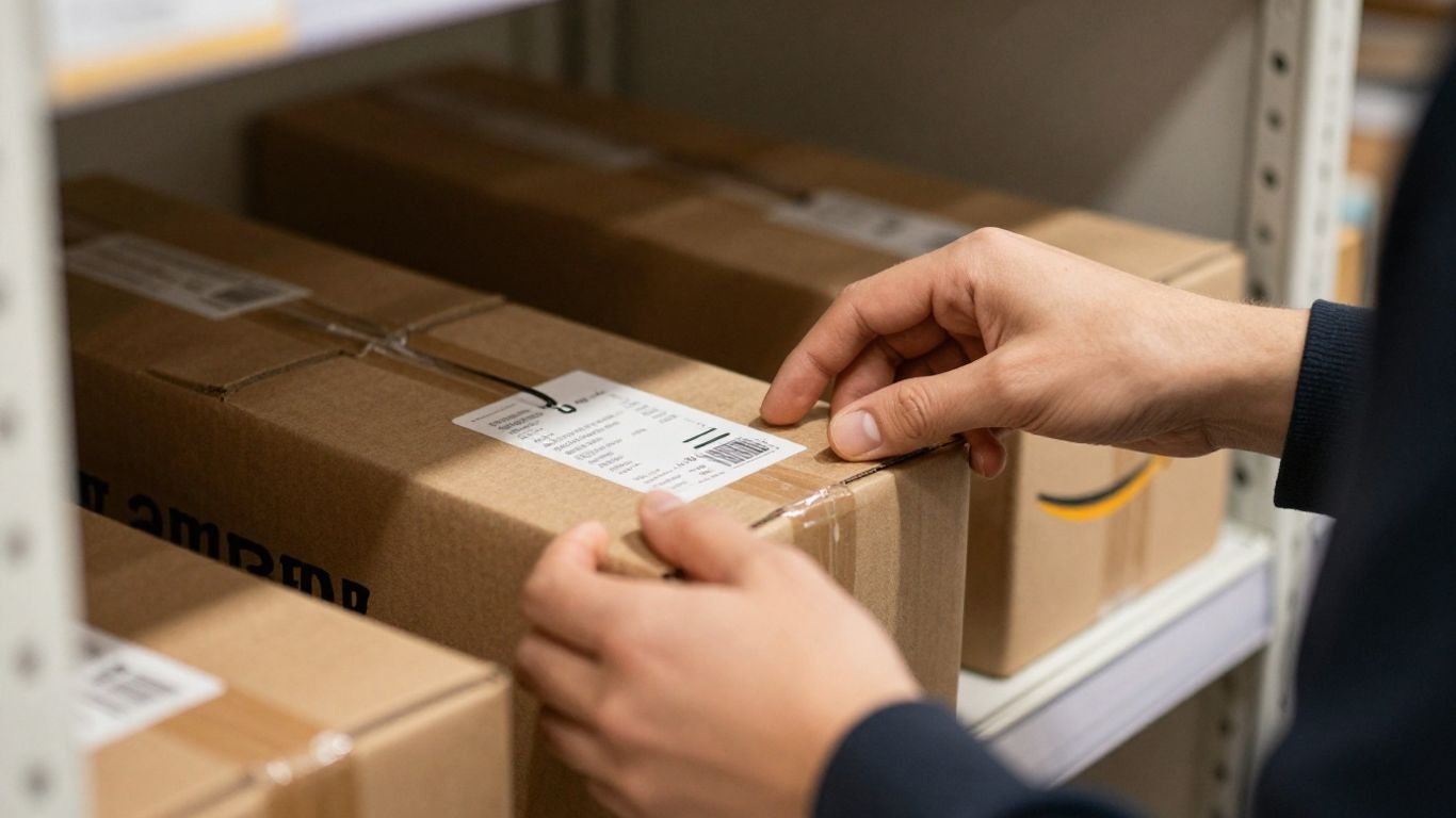 Amazon product boxes arranged on a shelf
