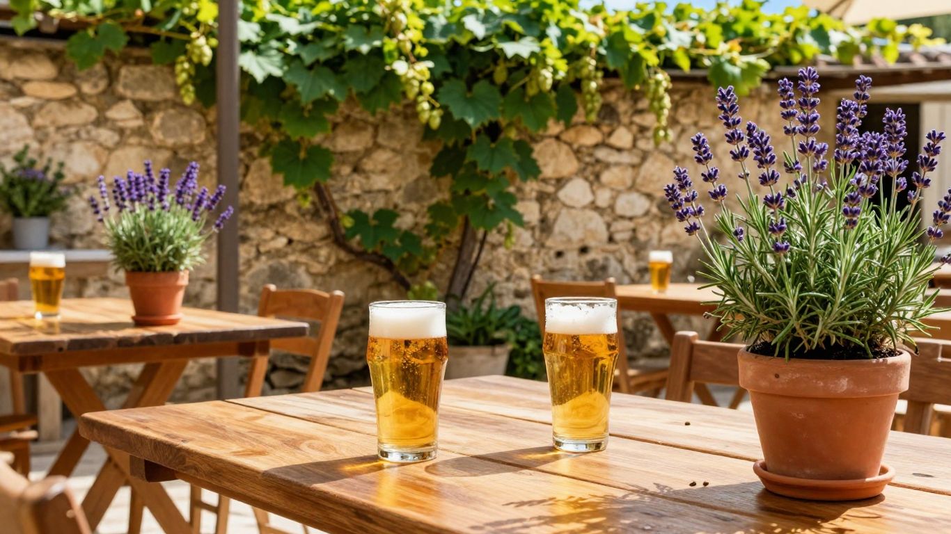 Brewery patio with beer glasses, herbs, and hop vines.