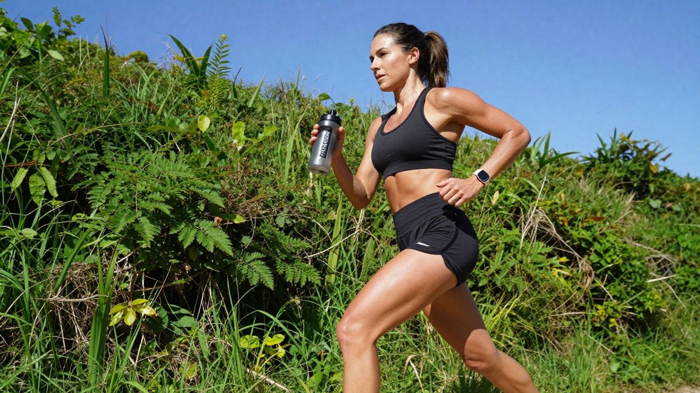 Woman in motion with OxyShred bottle.