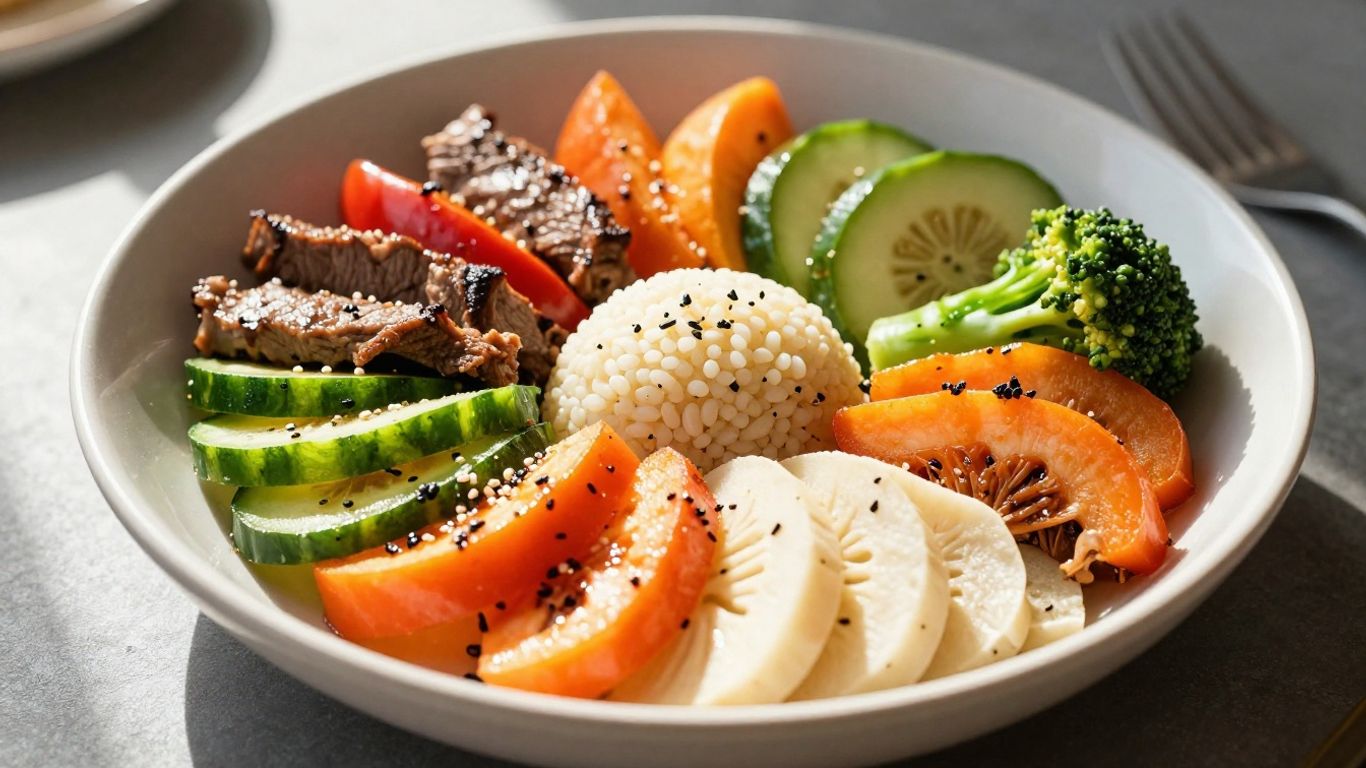 Healthy meal bowl with protein, vegetables, and carbs.