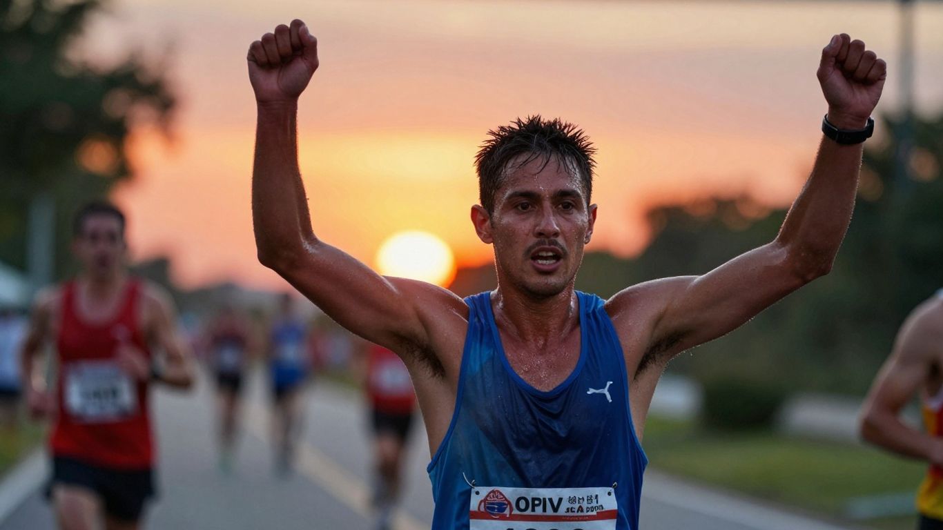 Runner celebrating marathon finish line at sunset.