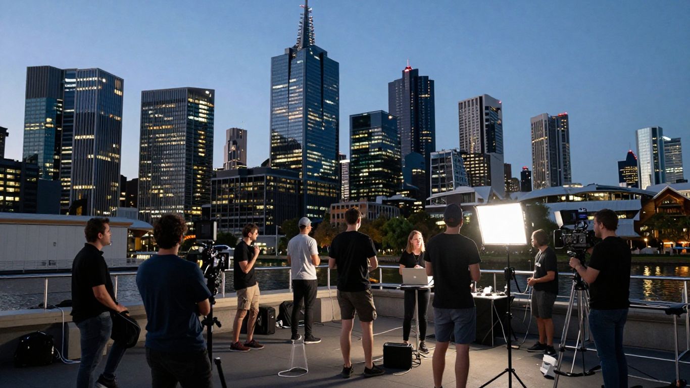 Melbourne cityscape and film production team collaborating.