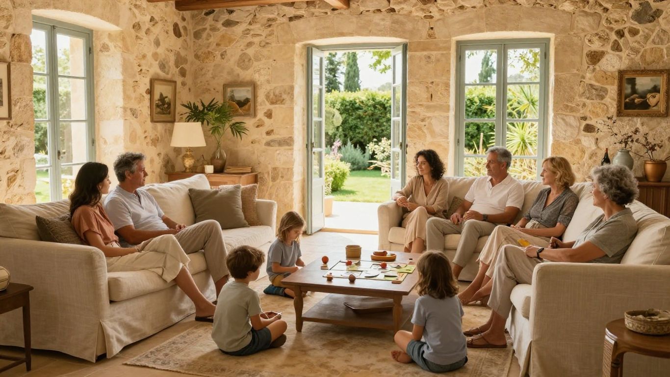 Family relaxing together at a French wine estate
